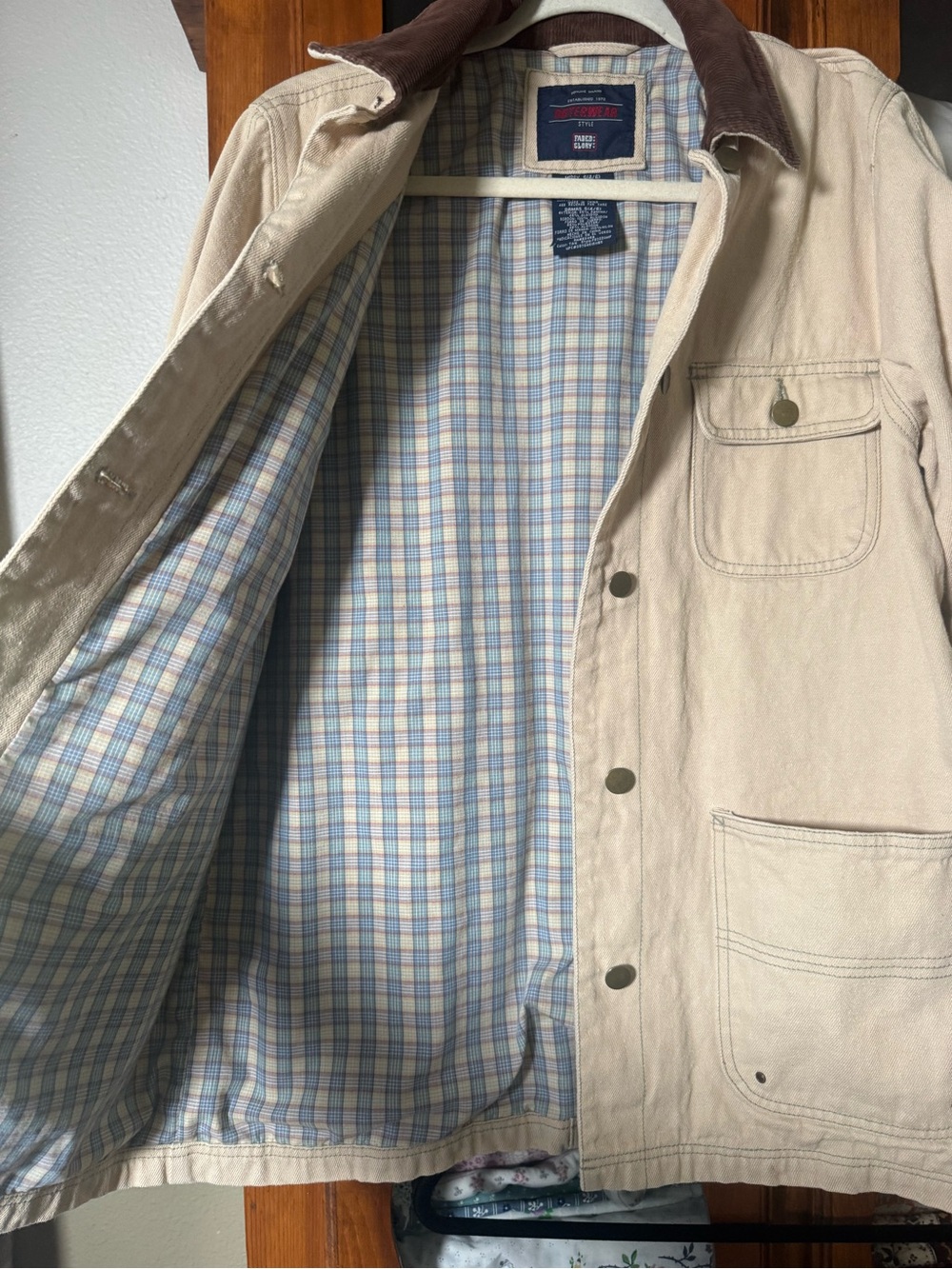 Men's Beige Workwear Jacket with Brown Corduroy Collar - Picture 3 of 5